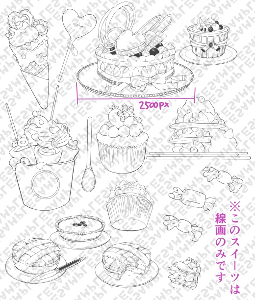 【商用改変可】ケーキスイーツ色々線画素材【漫画素材】