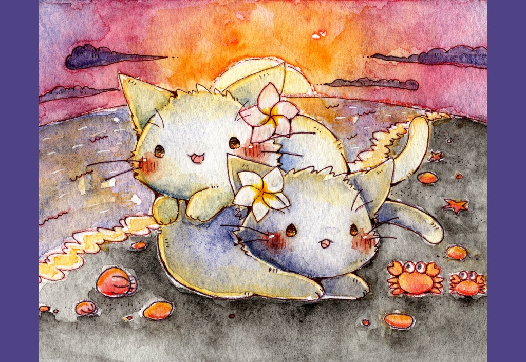 「猫さんと海」シリーズのポストカードです。