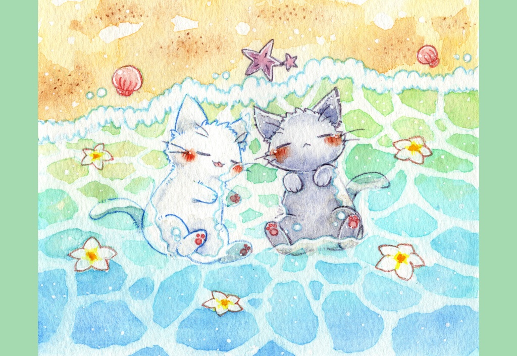 「猫さんと海」シリーズのポストカードです。