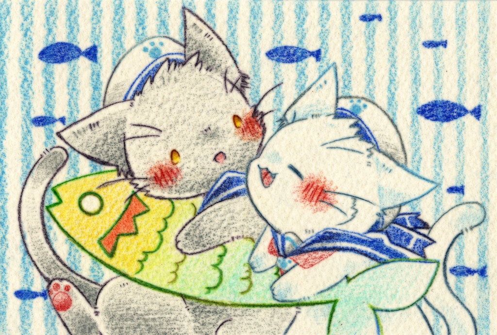 ポストカード⑬ マリンルックな動物さん 色鉛筆・CG