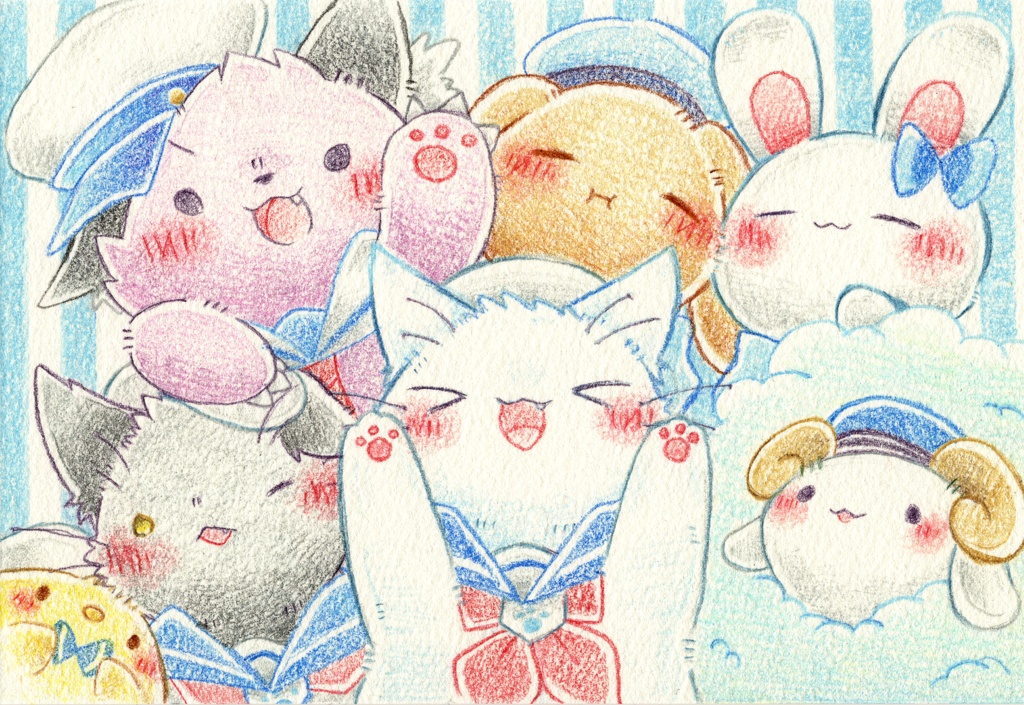 ポストカード⑬ マリンルックな動物さん 色鉛筆・CG