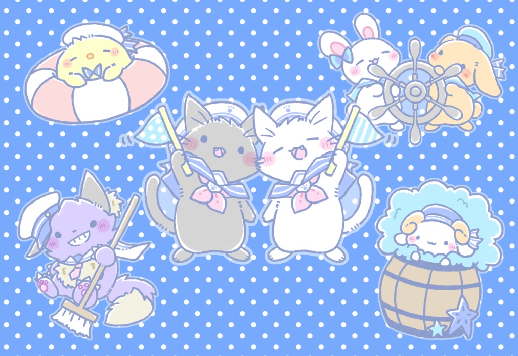 ポストカード⑬ マリンルックな動物さん 色鉛筆・CG