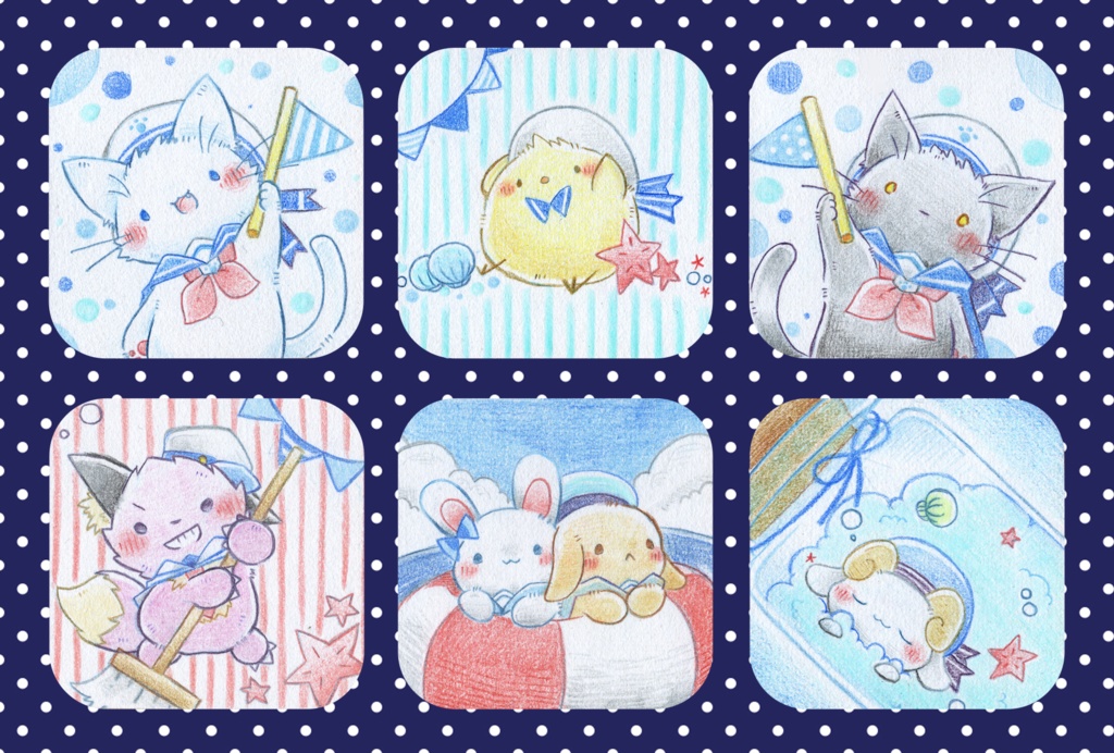 ポストカード⑬ マリンルックな動物さん 色鉛筆・CG