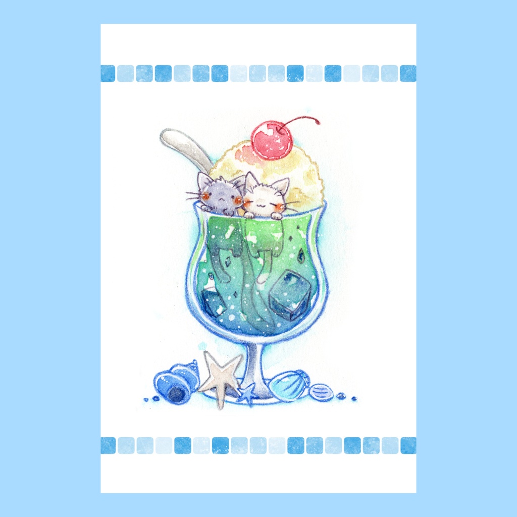 ポストカード　「猫さんとクリームソーダ」