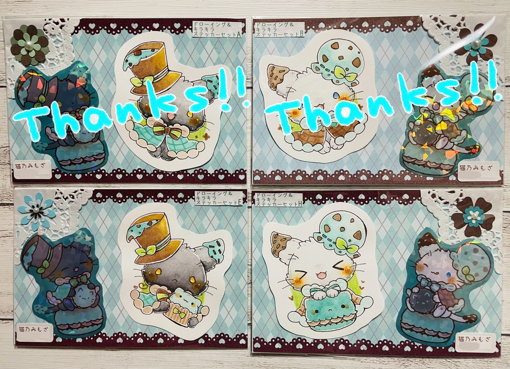 【猫】ドローイング原画&キラキラステッカーセット【チョコミント】