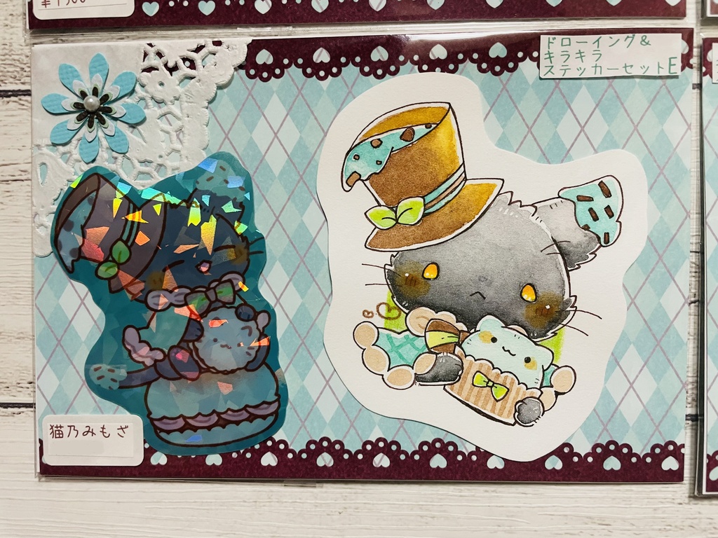 【猫】ドローイング原画&キラキラステッカーセット【チョコミント】