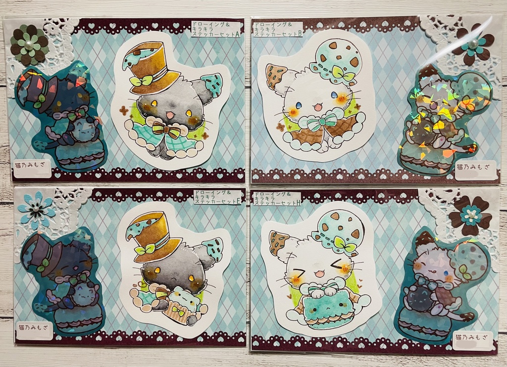 【猫】ドローイング原画&キラキラステッカーセット【チョコミント】