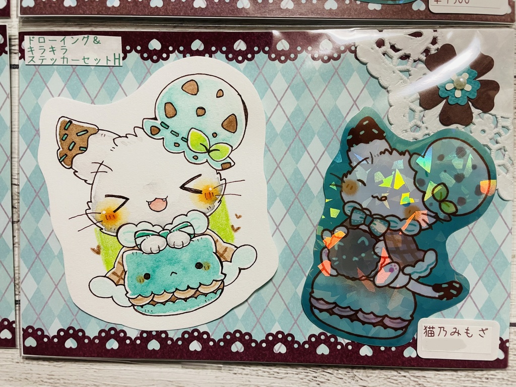【猫】ドローイング原画&キラキラステッカーセット【チョコミント】