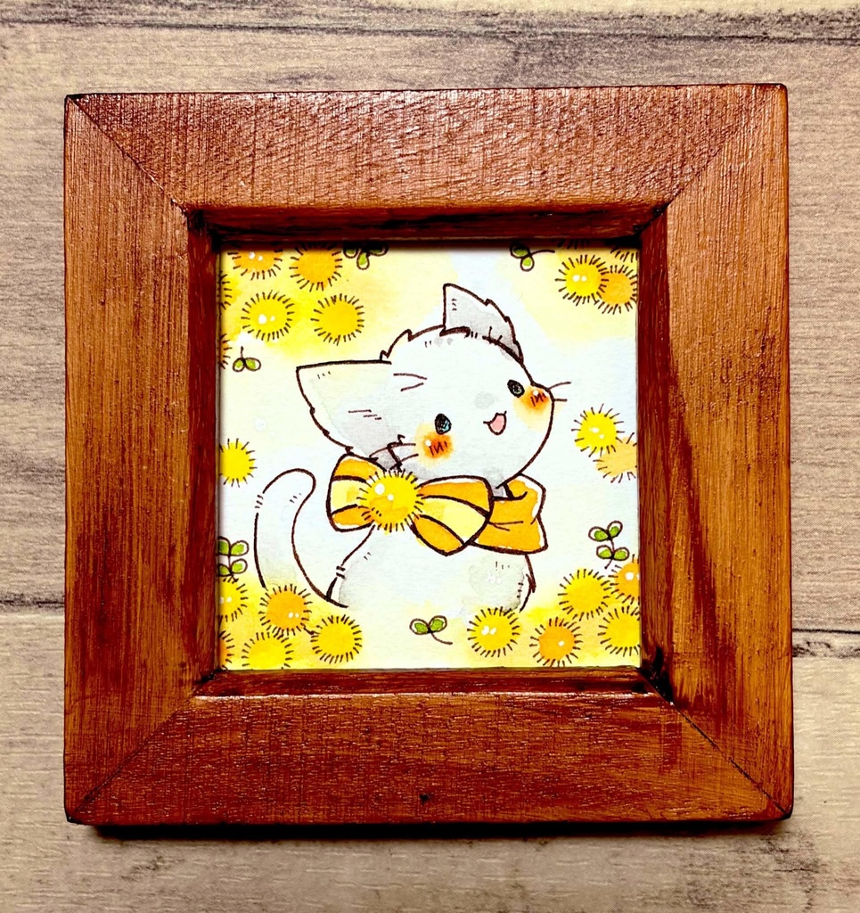 ミニ原画「猫さんとミモザ」イラスト