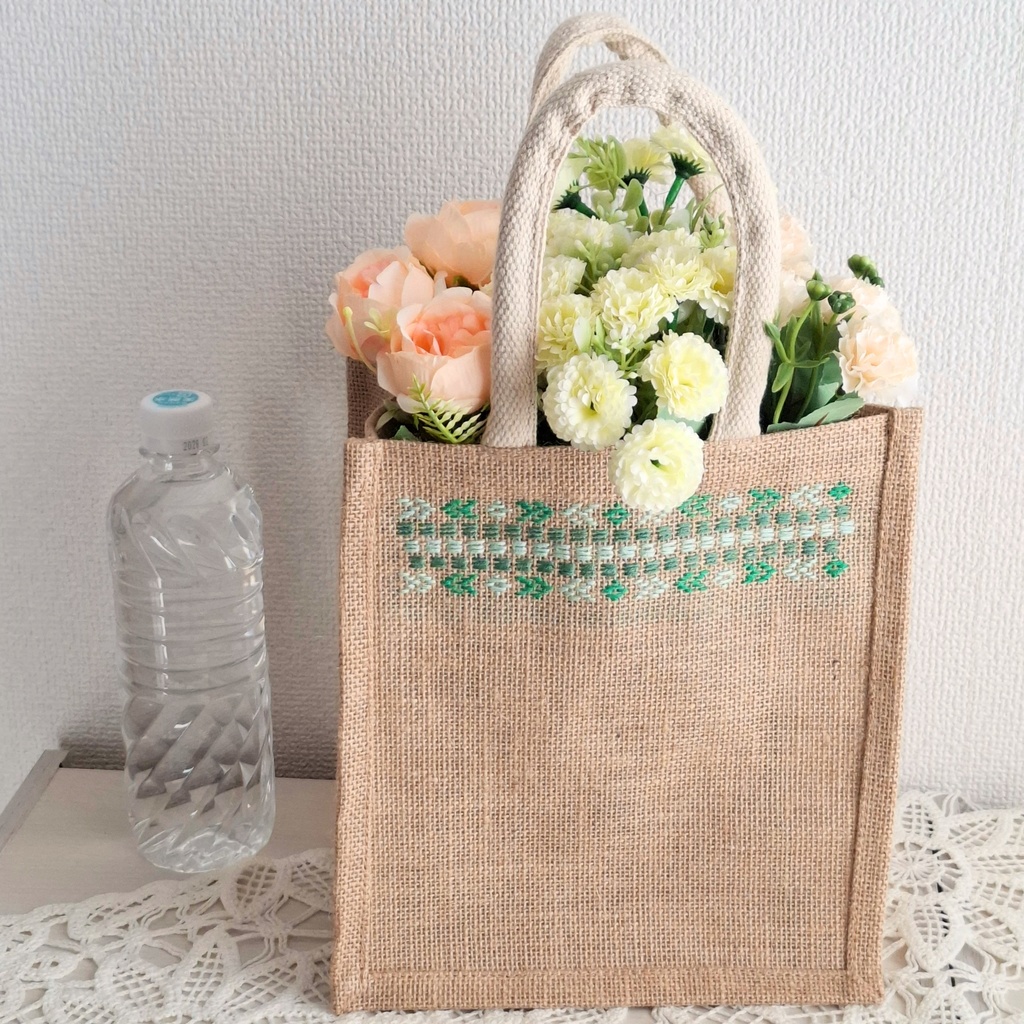 こぎん刺し刺繍ジュートバッグ 緑ライン刺しゅう