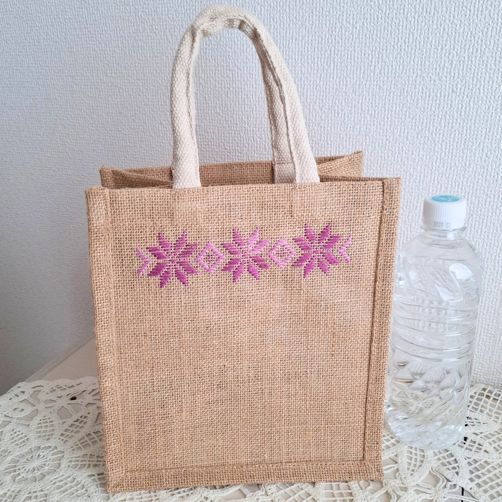 こぎん刺し刺繍ジュートバッグ「一片ひとひら」 藤色ライン刺しゅう