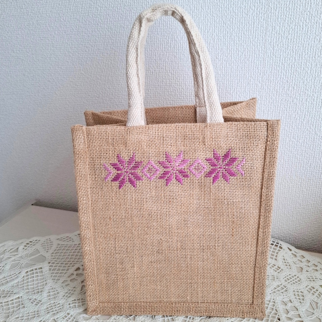 こぎん刺し刺繍ジュートバッグ「一片ひとひら」 藤色ライン刺しゅう
