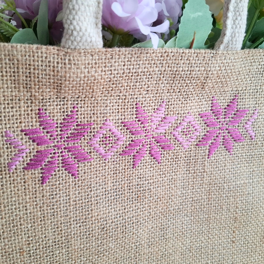 こぎん刺し刺繍ジュートバッグ「一片ひとひら」 藤色ライン刺しゅう