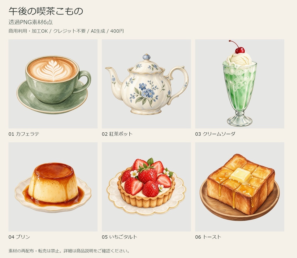 午後の喫茶こもの｜透過PNG素材6点【商用利用可・AI生成】