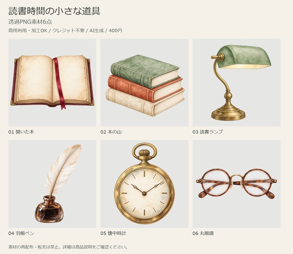 読書時間の小さな道具｜透過PNG素材6点【商用利用可・AI生成】