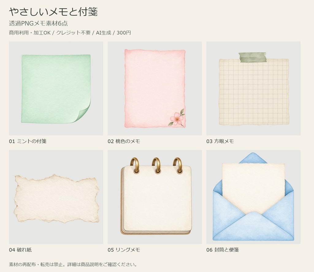 やさしいメモと付箋｜透過PNGメモ素材6点【商用利用可・AI生成】