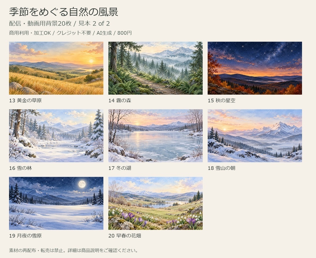 季節をめぐる自然の風景|配信・動画用背景20枚【商用利用可・AI生成】
