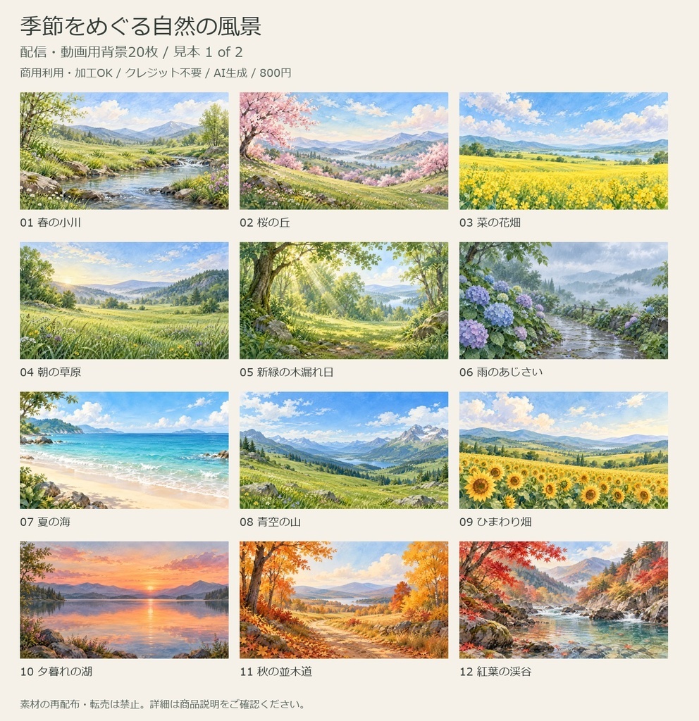 季節をめぐる自然の風景｜配信・動画用背景20枚【商用利用可・AI生成】
