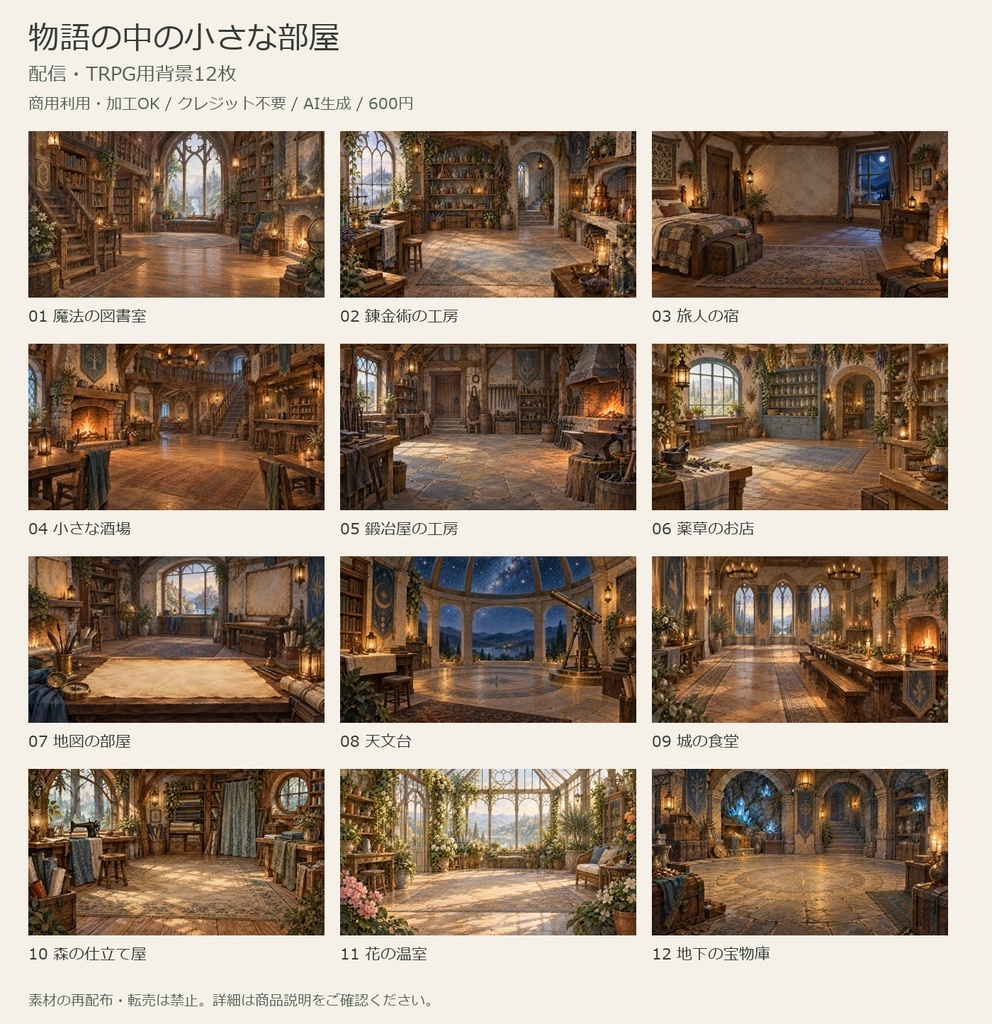 物語の中の小さな部屋｜配信・TRPG背景12枚【商用利用可・AI生成】