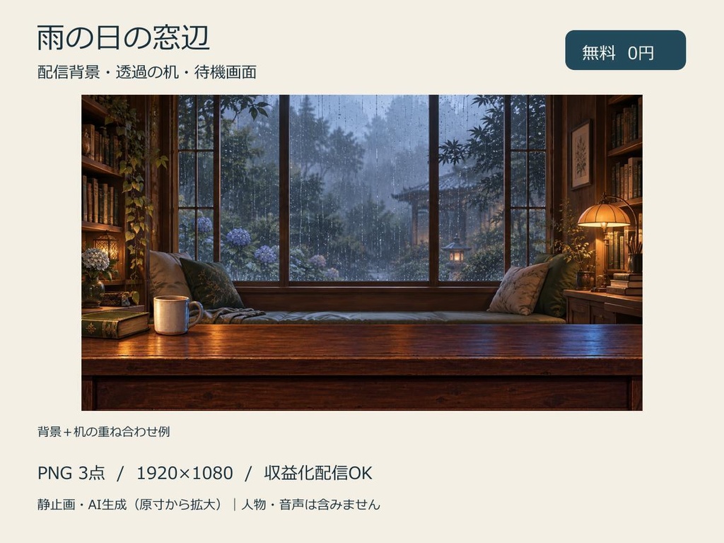 【無料】雨の日の窓辺｜配信背景・透過の机・待機画面3点セット【PNG／AI生成】