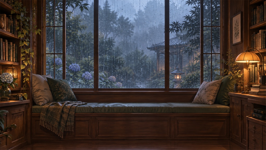 【無料】雨の日の窓辺|配信背景・透過の机・待機画面3点セット【PNG/AI生成】
