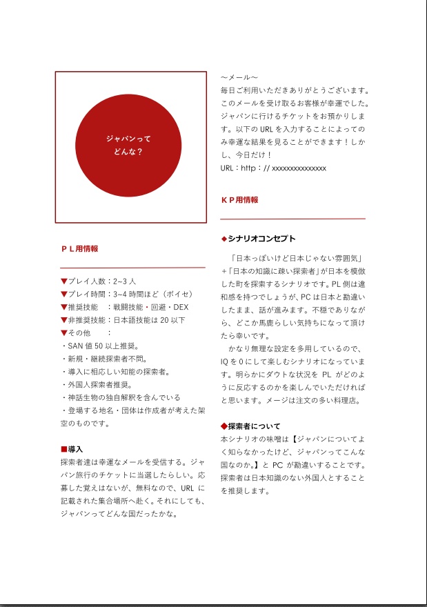 CoCシナリオ「ジャパンってどんなくに?」