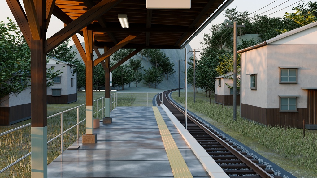 【Blender】雨上がりの地方駅セット|夕暮れ・曇り・夜