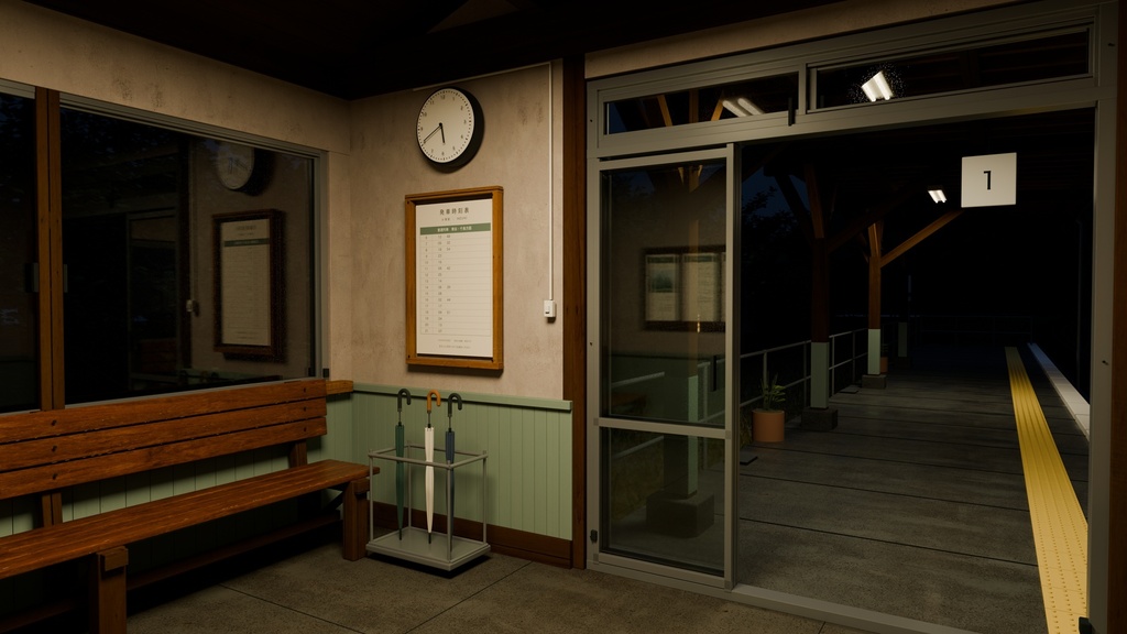 【Blender】雨上がりの地方駅セット|夕暮れ・曇り・夜