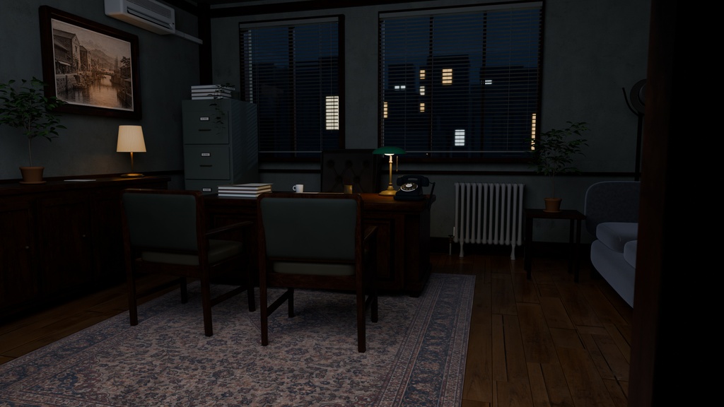 【Blender】夕暮れの探偵事務所セット|昼・夜の照明付き