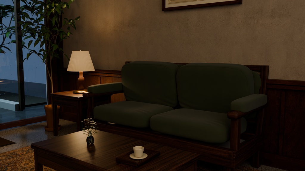 【Blender】雨の夕暮れのホテルロビーセット|フロント・客室廊下・中庭