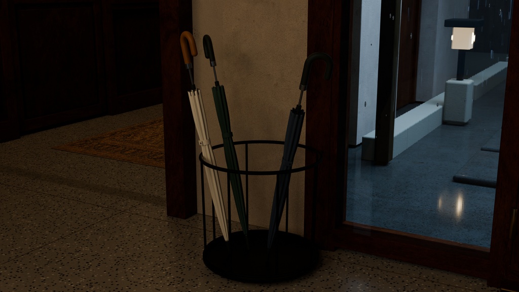 【Blender】雨の夕暮れのホテルロビーセット|フロント・客室廊下・中庭
