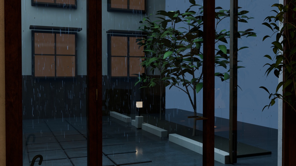 【Blender】雨の夕暮れのホテルロビーセット|フロント・客室廊下・中庭