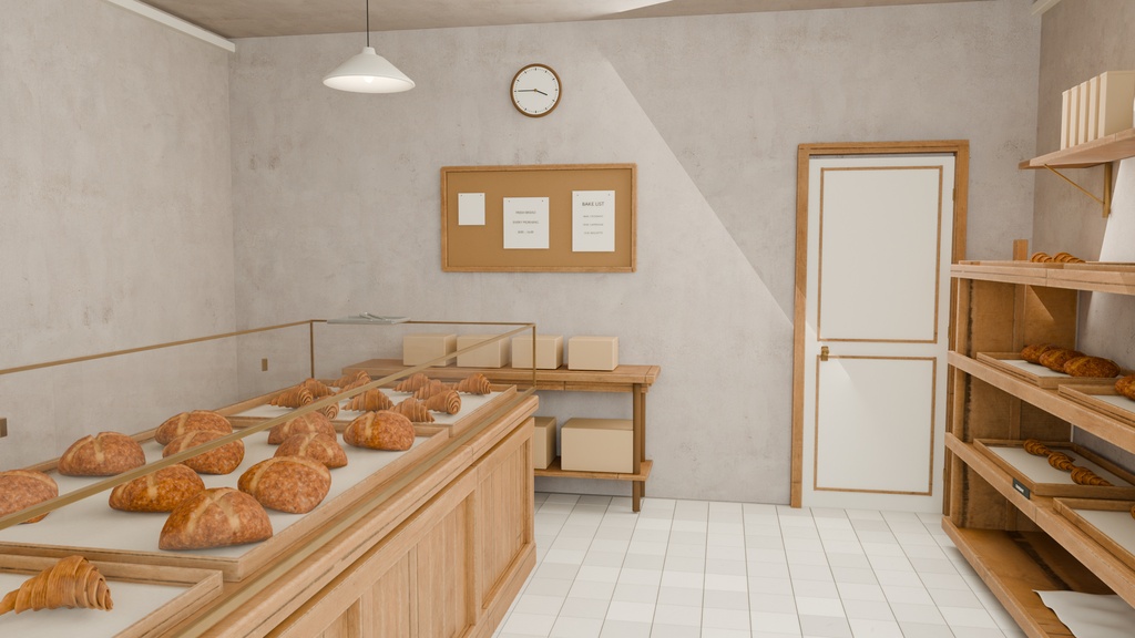 【Blender】海辺の街のベーカリーセット|パン棚・ガラスケース・工房