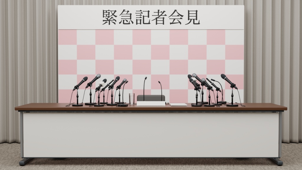 【配信背景・3D】緊急記者会見セット|音付きフラッシュ・PNG/1人・2人/4配色
