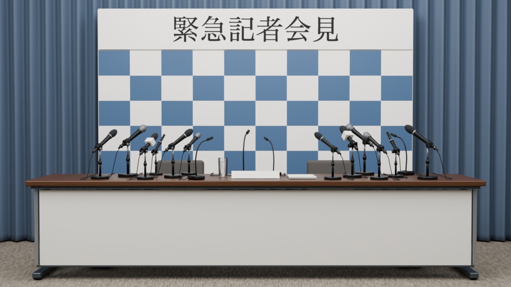 【配信背景・3D】緊急記者会見セット|音付きフラッシュ・PNG/1人・2人/4配色