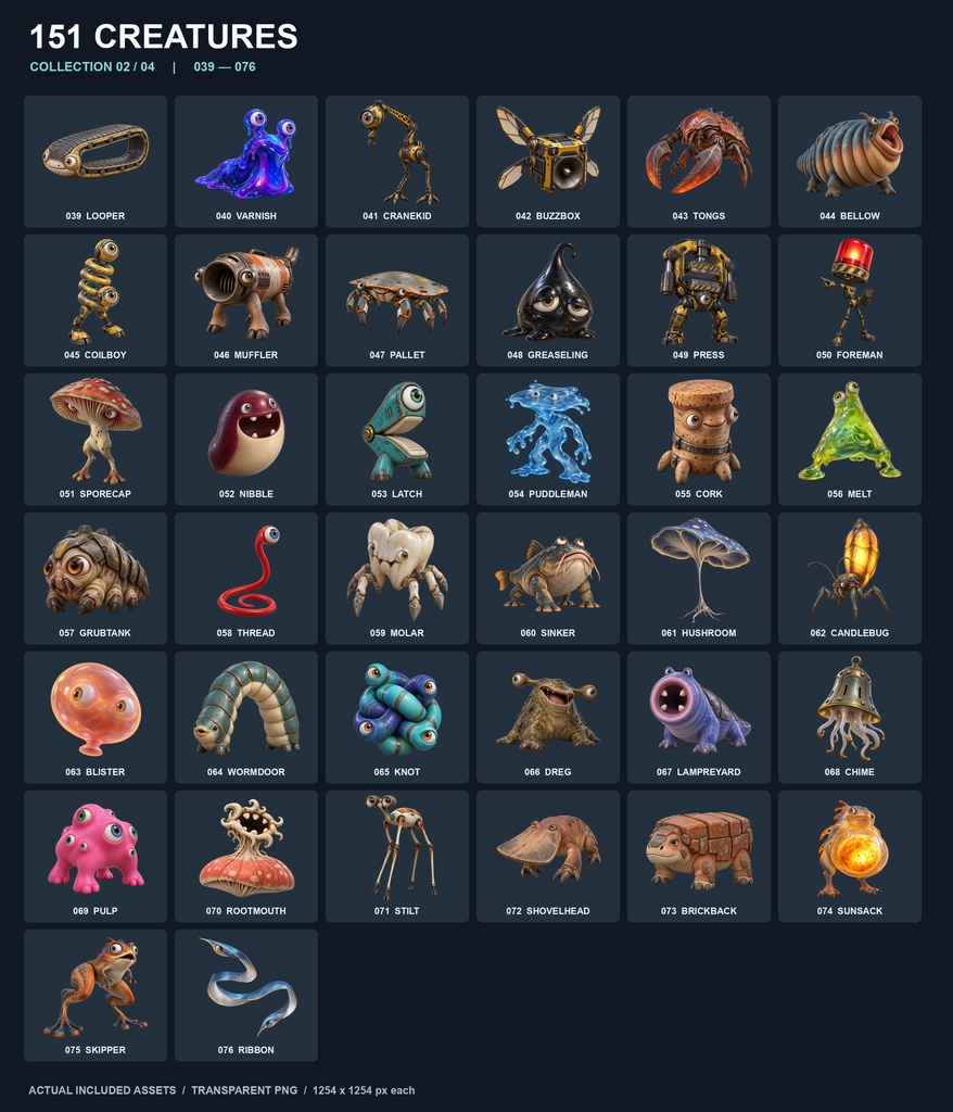 【透過PNG151体】151 CREATURES|かわいい工業SFモンスター素材集・設定付きHTML図鑑