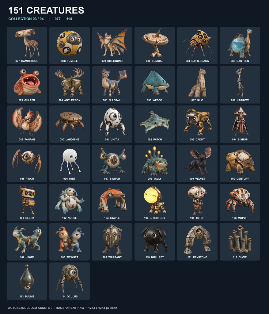 【透過PNG151体】151 CREATURES|かわいい工業SFモンスター素材集・設定付きHTML図鑑