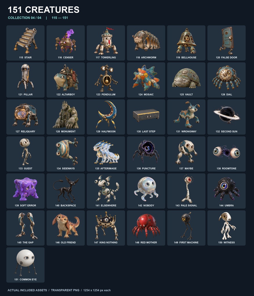 【透過PNG151体】151 CREATURES|かわいい工業SFモンスター素材集・設定付きHTML図鑑