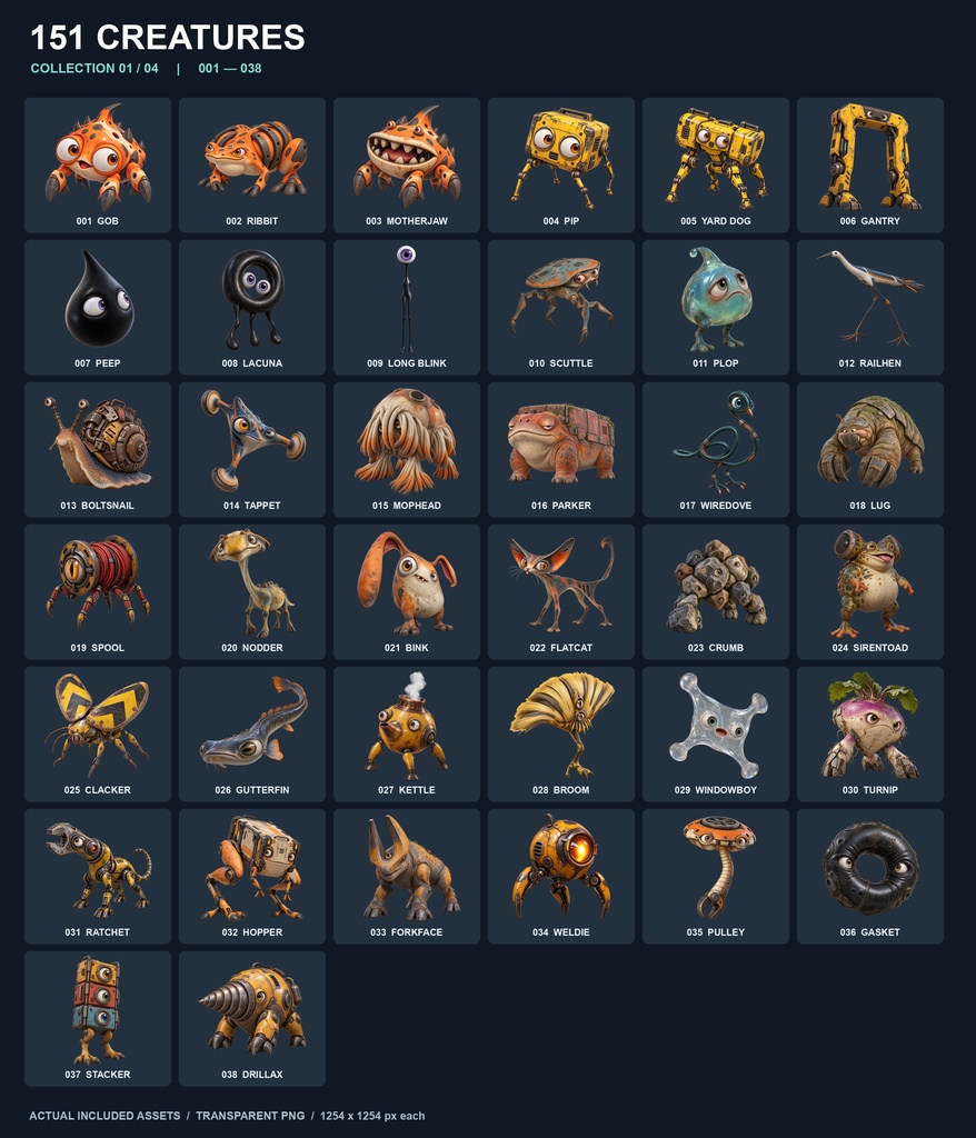 【透過PNG151体】151 CREATURES|かわいい工業SFモンスター素材集・設定付きHTML図鑑