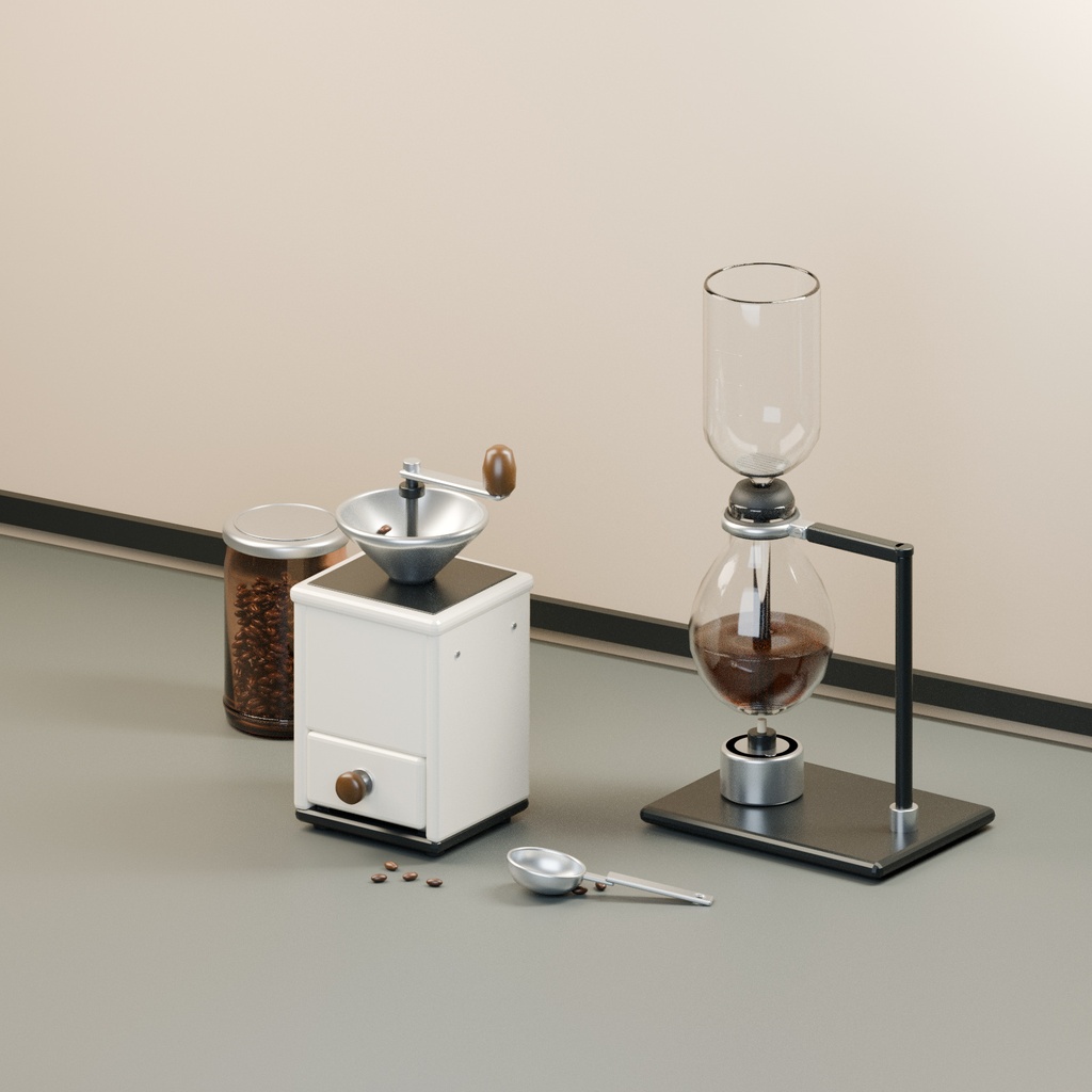 【Blender】サイフォンとコーヒーミル｜喫茶店のカウンター小物セット