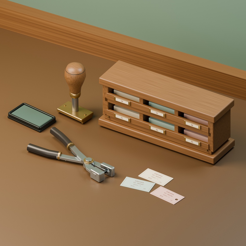 【Blender】昔の駅の切符道具セット｜改札鋏・日付印・硬券棚