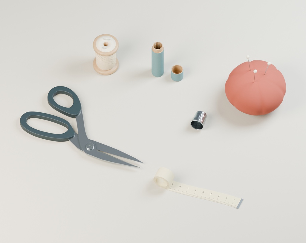【Blender】木の裁縫箱と小さな道具|糸巻き・針山・裁縫ばさみ