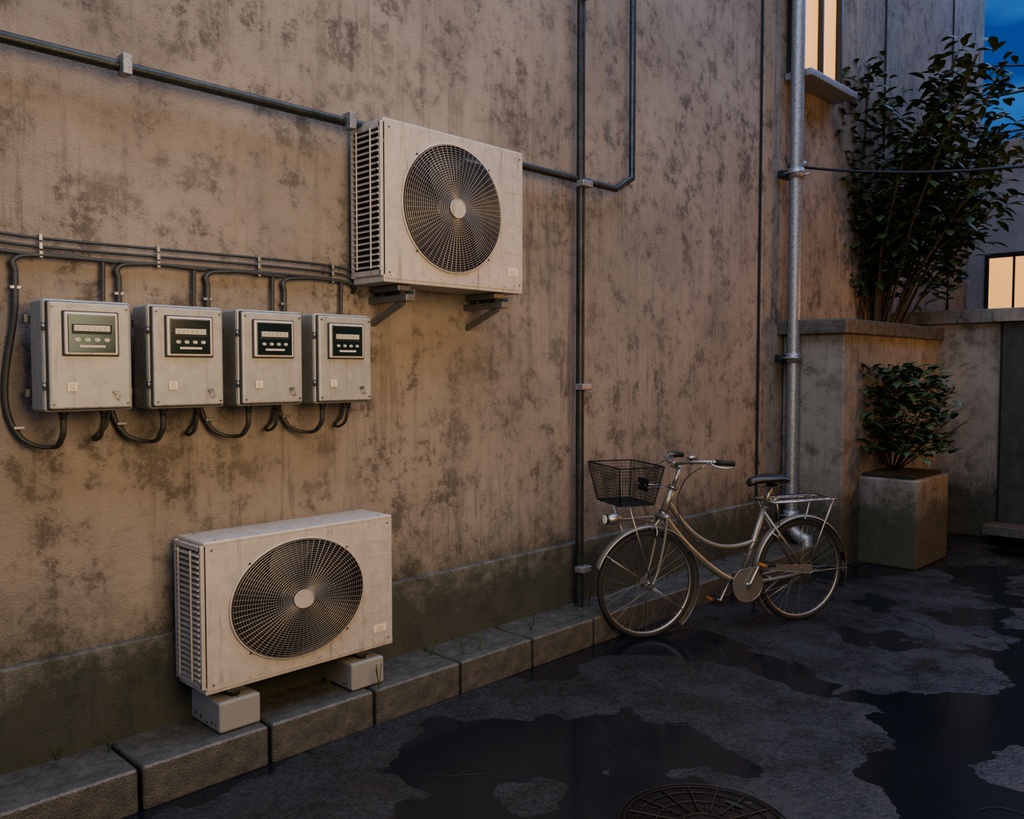 【Blender】雨上がりの路地裏|夕暮れの背景セット