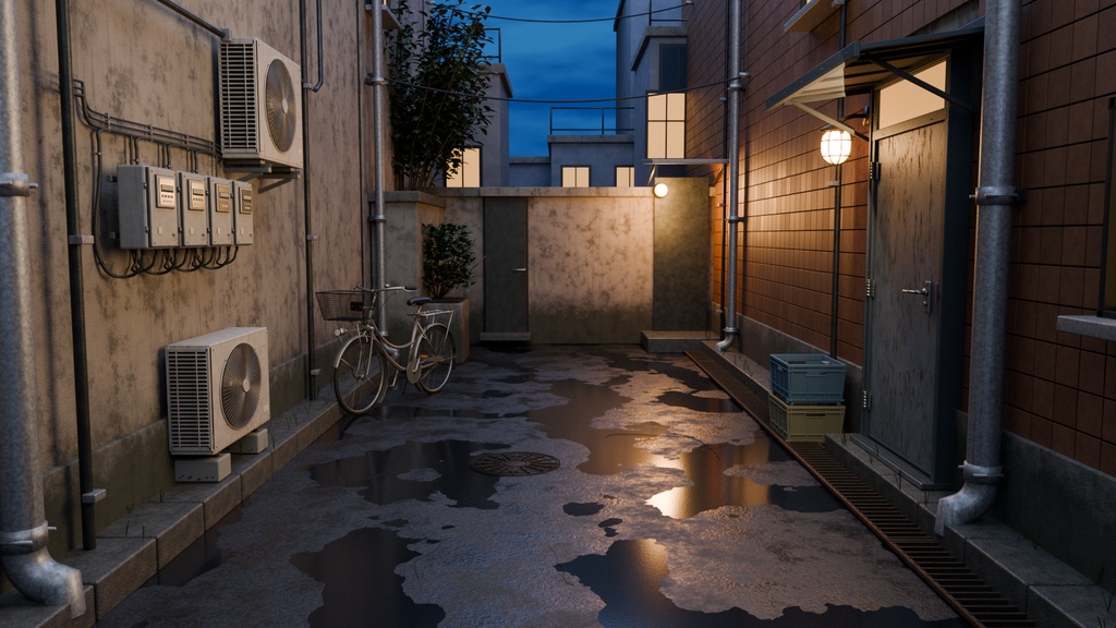 【Blender】雨上がりの路地裏｜夕暮れの背景セット