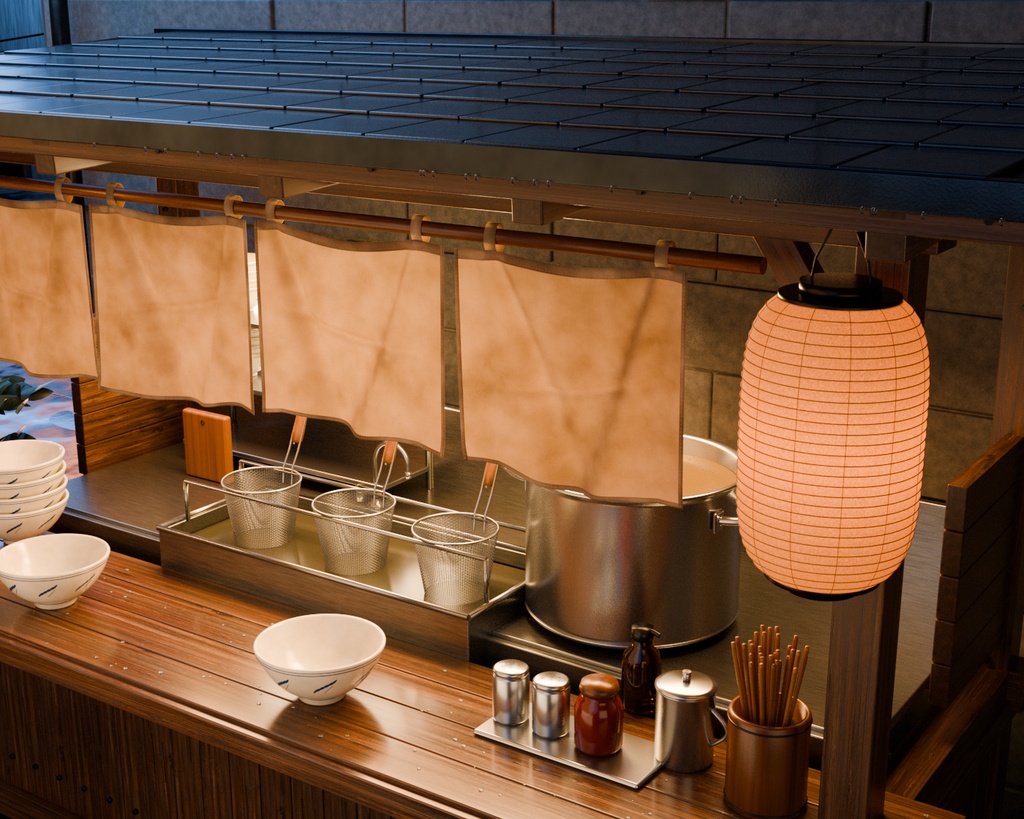 【Blender】雨の路地のラーメン屋台|夜の背景セット