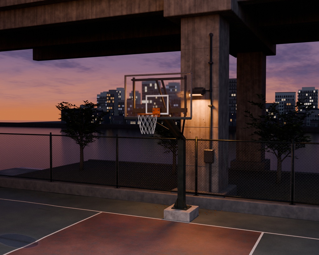 【Blender】夕暮れの高架下バスケットコート|水辺の背景セット