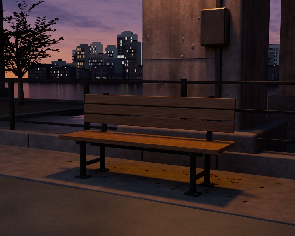 【Blender】夕暮れの高架下バスケットコート|水辺の背景セット