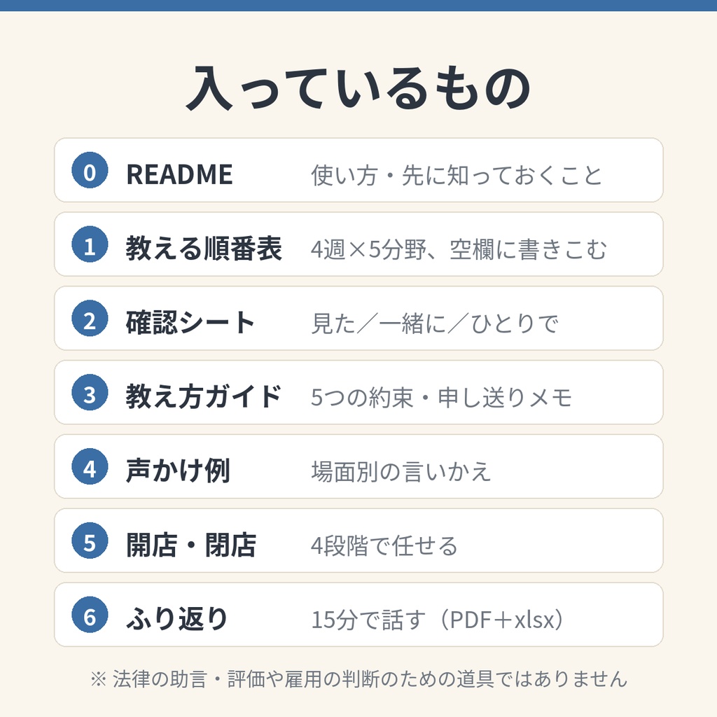 小さなお店の新人スタッフ「最初の30日」育成キット|教える順番表・週ごとの確認シート・声かけ例・ふり返り