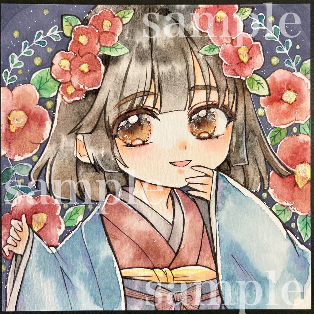 《一点もの》手描きイラスト 椿と女の子 和風イラスト☆ミニ原画 