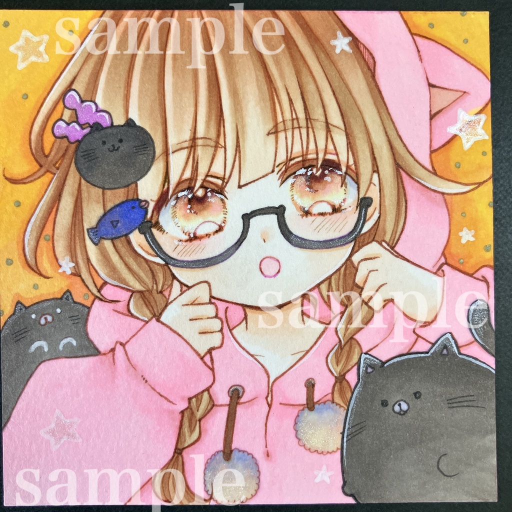 《一点もの》手描きイラスト 黒猫と女の子 ☆ミニ原画 